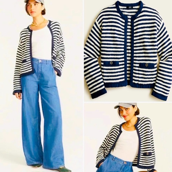 NWOT!! J. Crew Open Front Cardigan Sweater in Stripe Navy & White, Size XS 🤍🤍🤍🤍🤍 - Picture 1 of 12